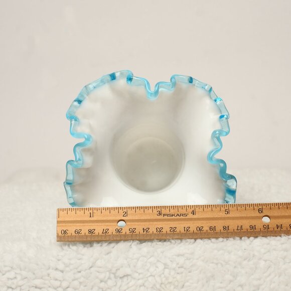 Vintage Fenton Milk Glass Aqua Crest White Ruffled Ribbed Glass Vase EUC - Picture 6 of 6